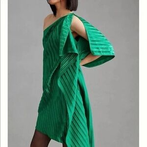 Anthropologie Green Asymmetrical Pleated Cocktail Dress